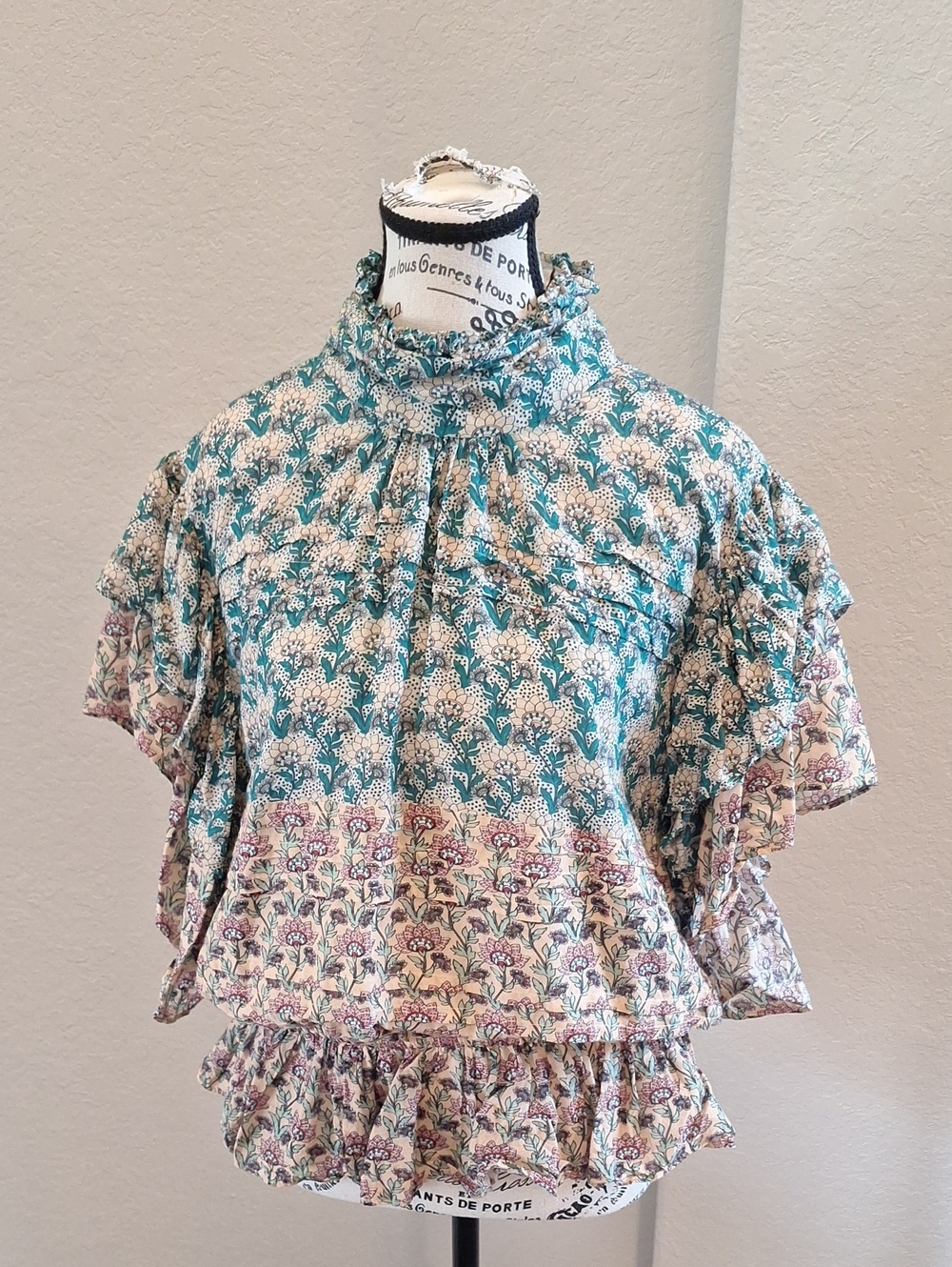 Anthropologie Let Me Be High-neck Printed Peasant Blouse Flutter Sleeve Size XL - Picture 5 of 15